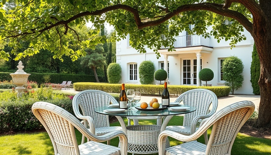 Beautiful backyard dining experiences with white wicker chairs and a glass table