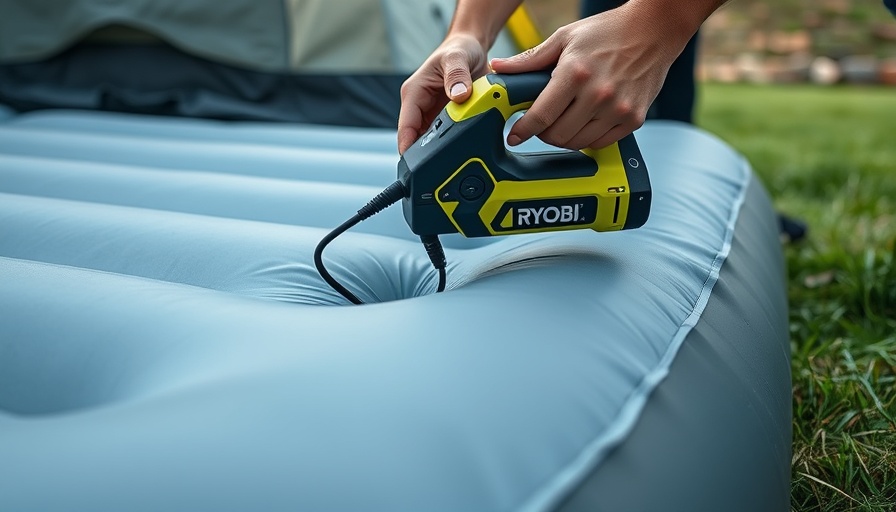 Ryobi USB Lithium High Volume Inflator in use on camping mattress, grass setting.
