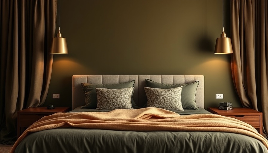 Moody primary bedroom design with plush bed and ambient lighting.
