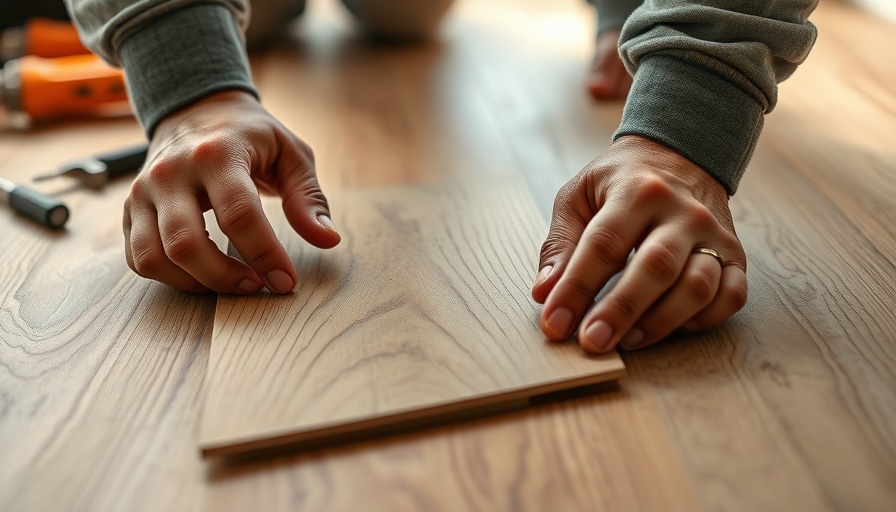 Close-up hands repairing vinyl plank flooring with tools.