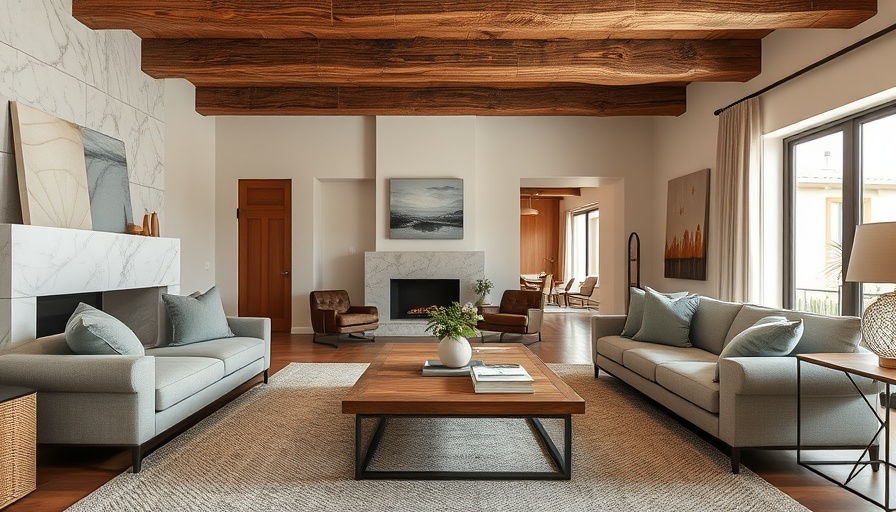 California casual interior design with rustic wooden beams and a cozy fireplace.