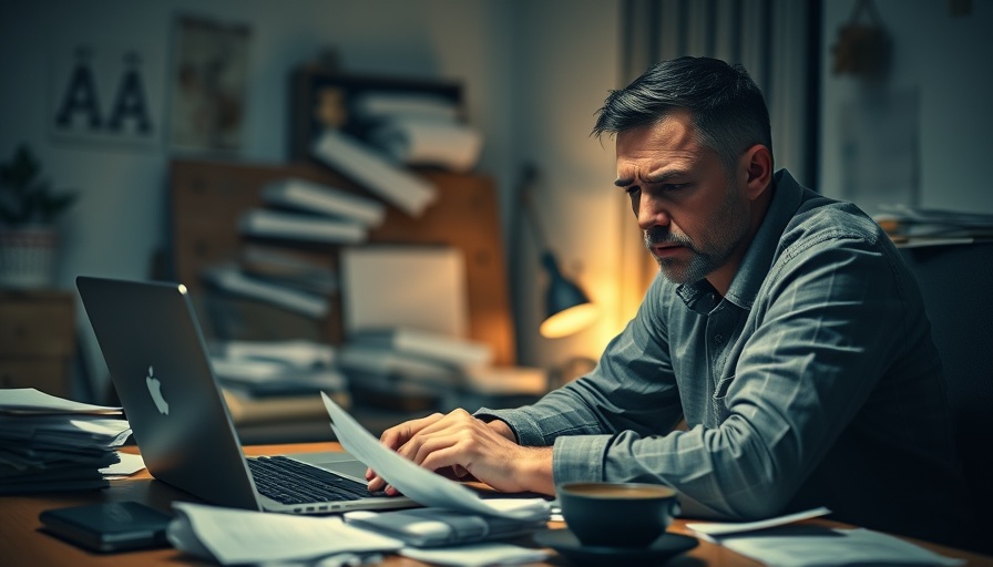 Person stressed at home desk with bills, highlighting bankruptcy news.