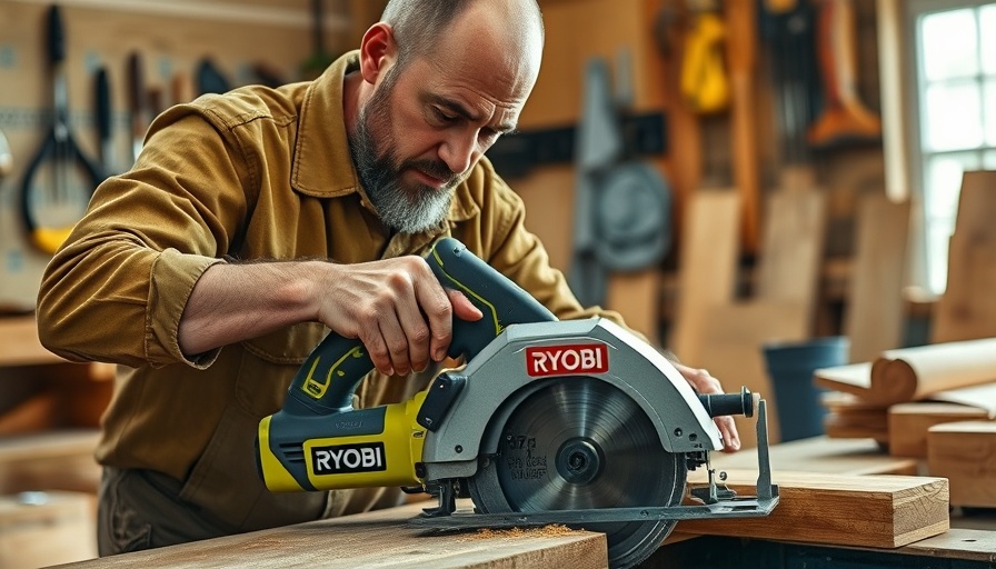 Ryobi 18V One+ HP Circular Saw in use cutting wood in workshop.