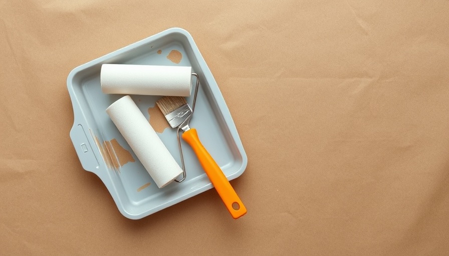 Painter's tape roller hack tools including tray, rollers, brush.