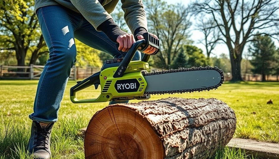 Person using Ryobi 40V HP Brushless 20-Inch Chainsaw on a log outdoors.