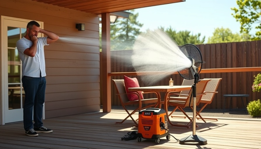 Skil 12V/20V Misting Fan cooling man on a deck.