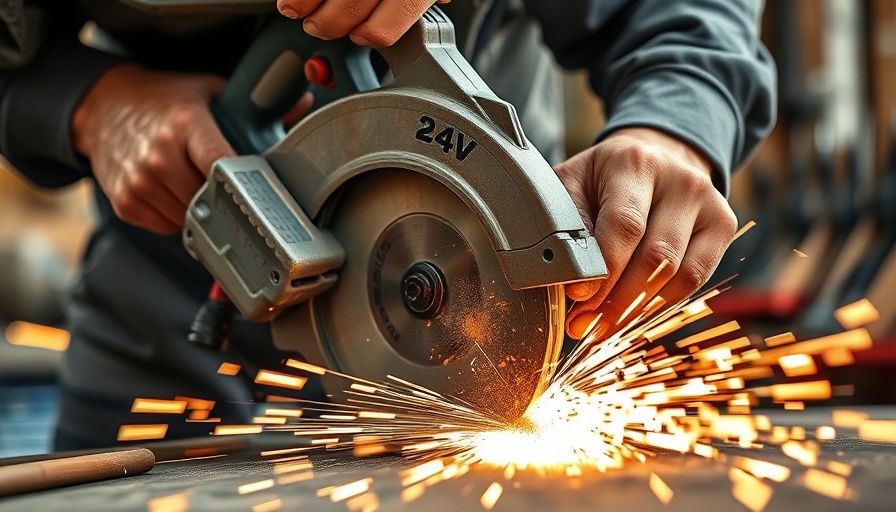 Person using Flex 24V metal-cutting circular saw in workshop.