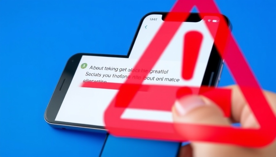 Smartphone showing DMV scam text with red alert symbol.