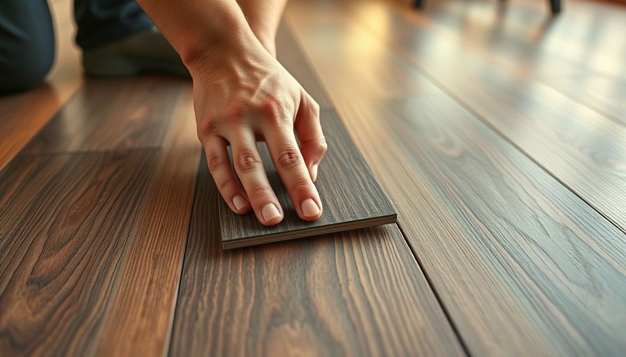 Hand repairing laminate flooring with dark planks.