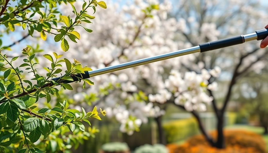 Pruning tree branches with a telescopic tool in a garden.
