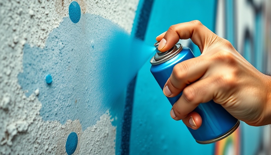 Close-up of hand using blue spray paint on a wall, showcasing spray painting tips.