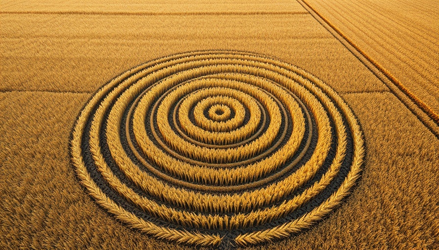 Aerial view of crop circles in a wheat field showcasing intricate spiral patterns.