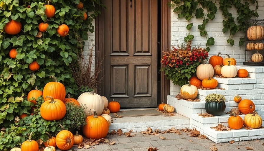 Charming rustic front door with fall decor ideas, pumpkins, ivy.