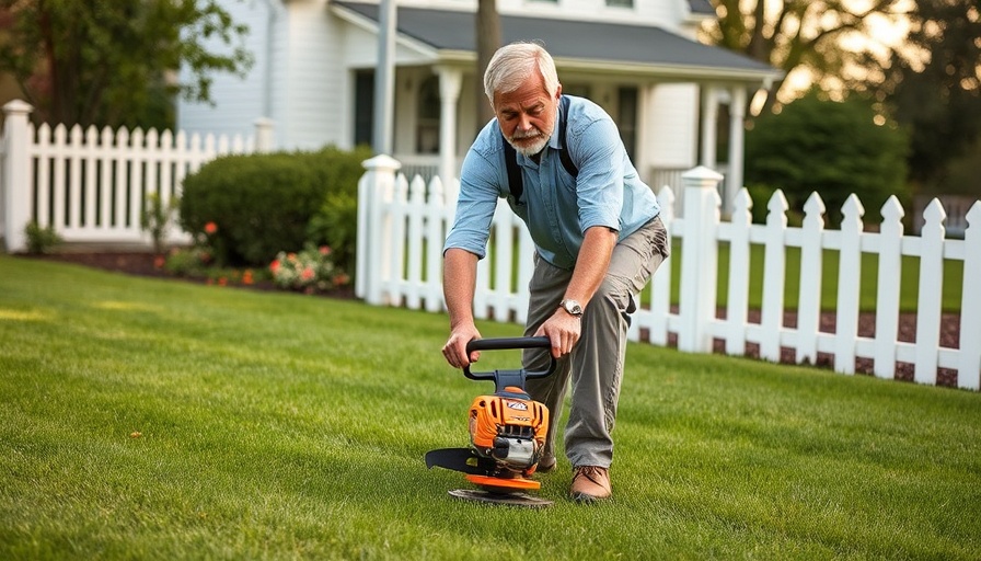 Man using Skil Smart Load String Trimmer near white fence.