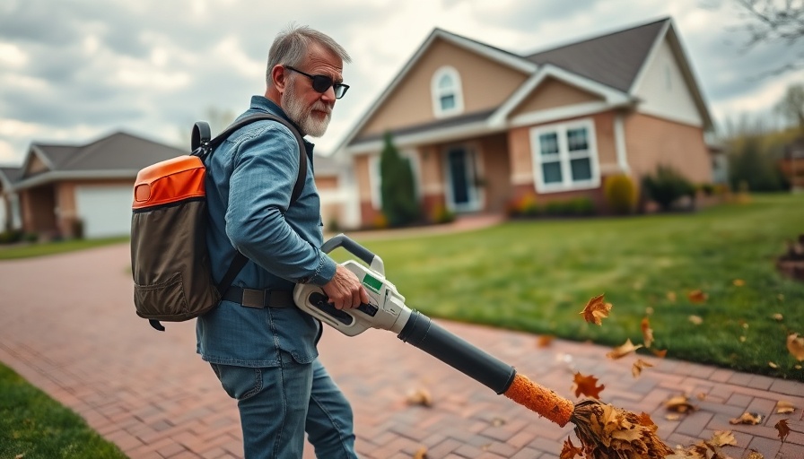 Person using Ryobi 40V Backpack Blower on driveway, suburban house in background.
