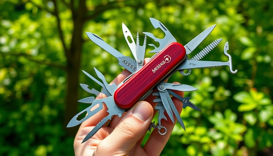 Swiss Army knife with extended tools in a forest setting