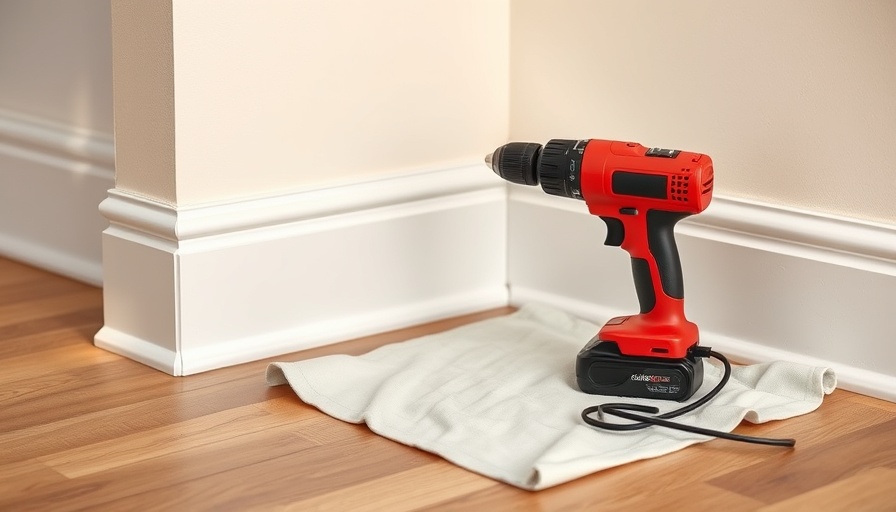 Tools for installing baseboards in room corner.