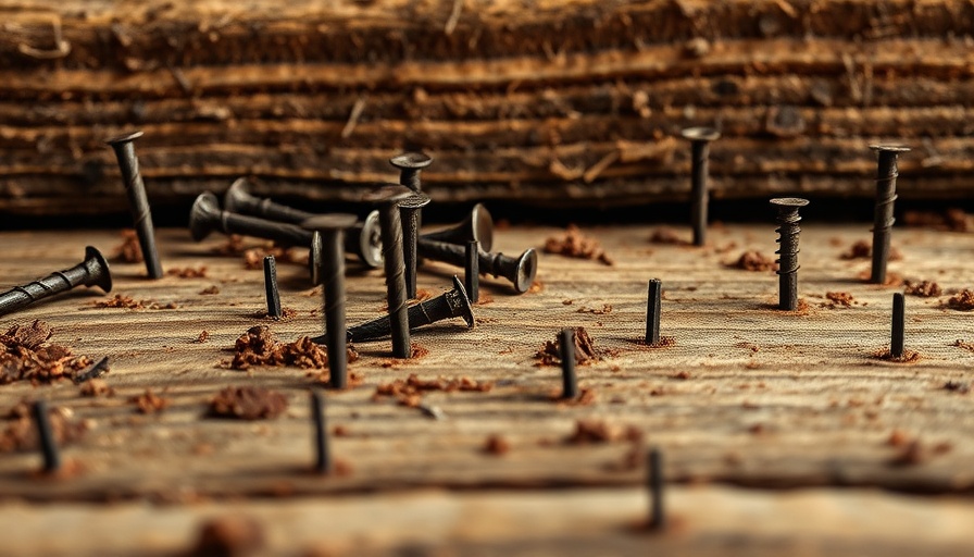 Rusty staples in aged wooden subfloor.