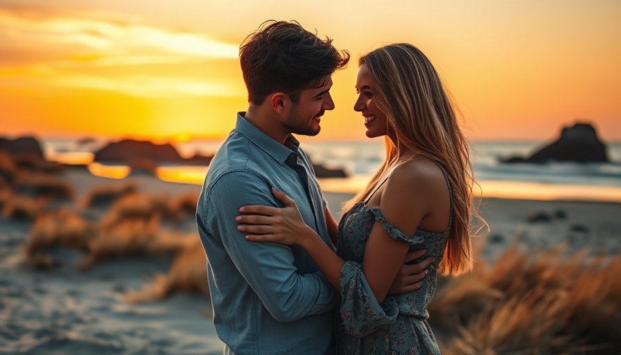 Sagittarius compatibility couple embracing on sunset beach.