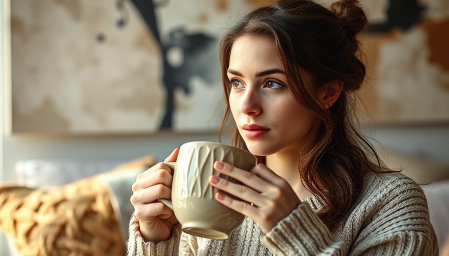 Young woman drinking from mug indoors, related to sugar-sweetened drinks liver cancer risk.