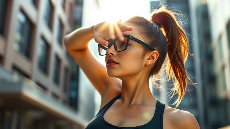 Athletic woman shielding eyes in bright sunlight, highlighting exercise benefits.