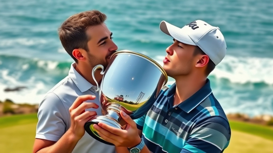 Golfer kissing trophy with ocean course in background.