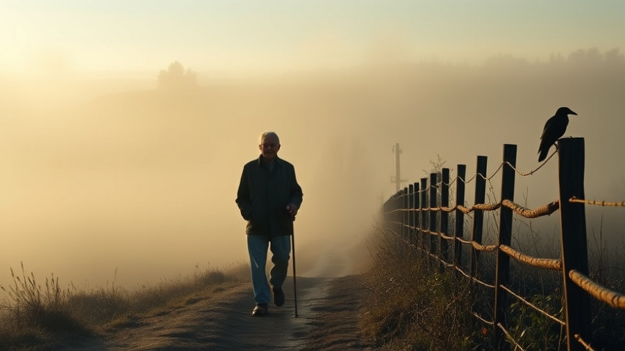 Elderly man walking on foggy path at dawn, symbolizing life's wake-up calls.