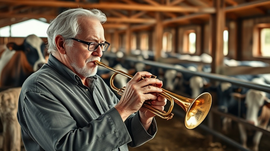 Musician plays jazz trumpet for attentive cows in barn.