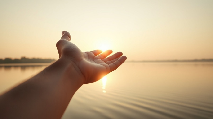 Hand reaching toward sunrise over a calm lake, symbolizing reasons to let go in life.