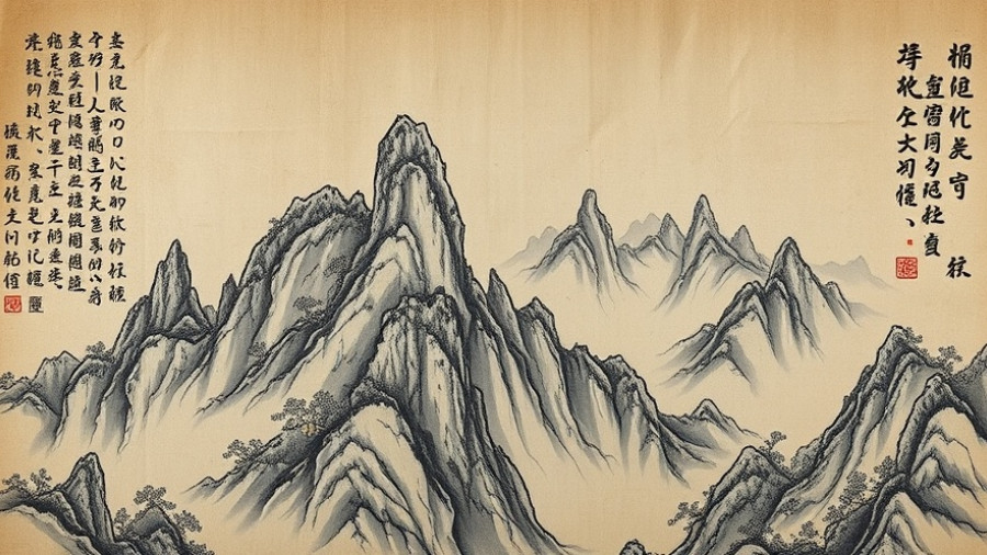Ancient Chinese landscape scroll depicting rugged mountains with poetic inscriptions, reflecting cultural heritage.