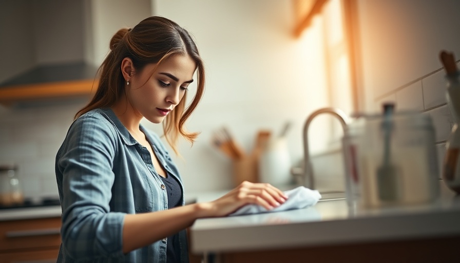 Woman using cleaning as a mental health tool in modern kitchen