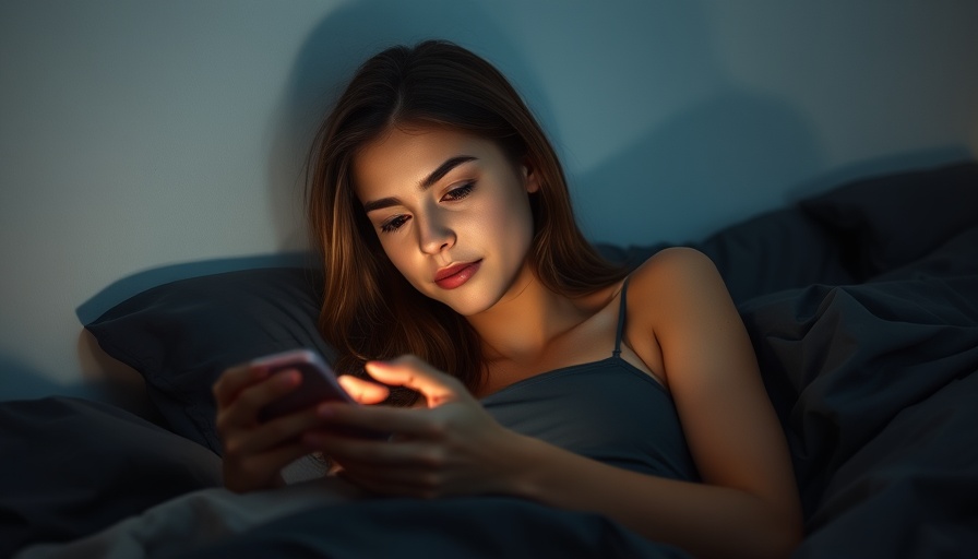 Young woman in bed using a phone, illustrating bedtime procrastination and anxiety.
