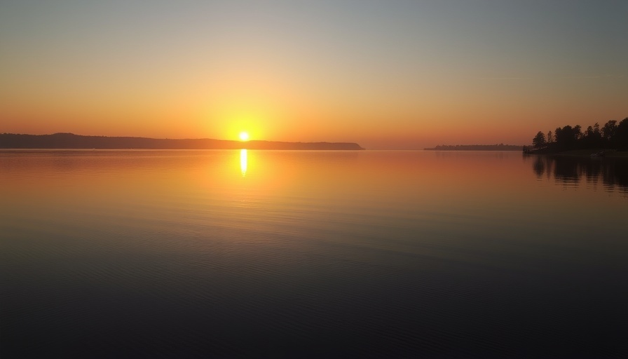 Serene lakeside sunrise reflecting on water.