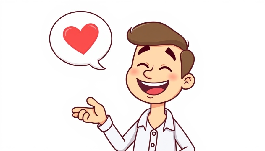Cartoon man gesturing with hearts in speech bubble.