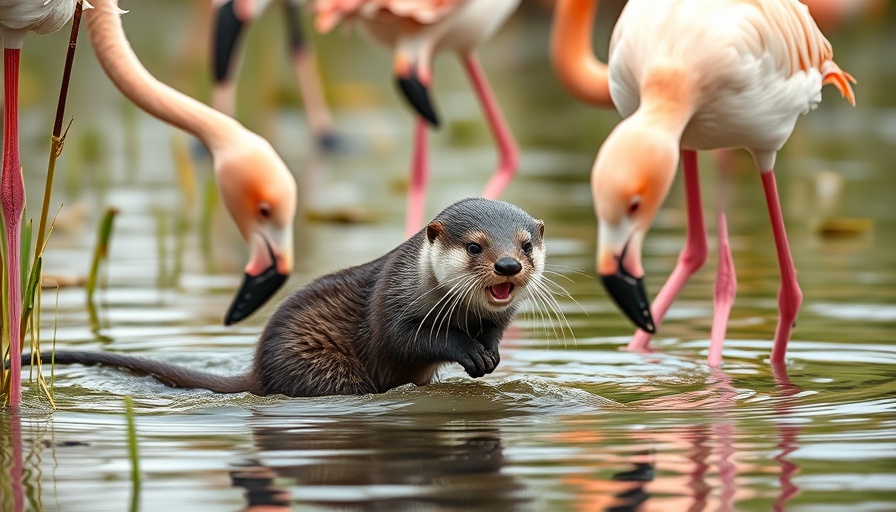 Otter cub found in flamingo habitat, exploring near flamingos.