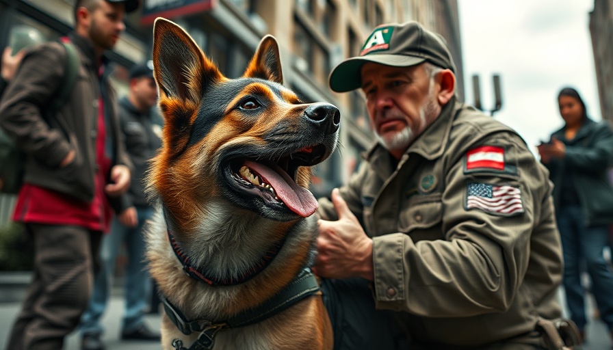 Service dog assists veteran during medical emergency in urban setting.
