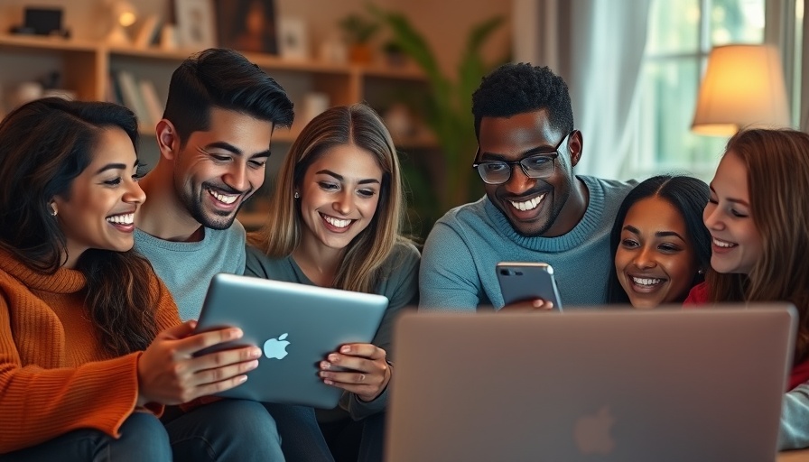 Diverse group showing true kindness online with digital devices.