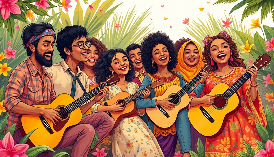 Vibrant illustration of diverse musicians performing outdoors.