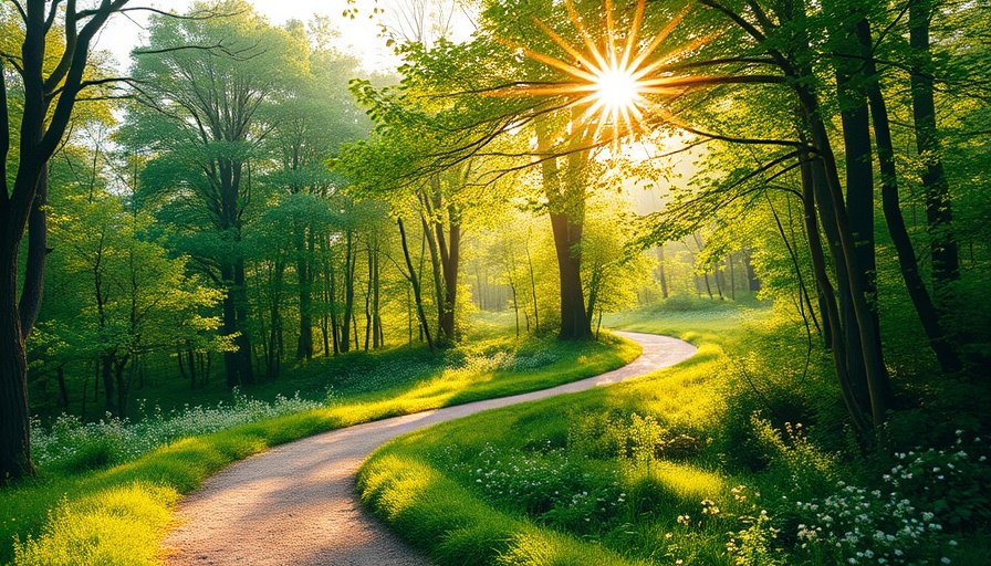 Serene forest path symbolizing lifelong journey of mental health intention.