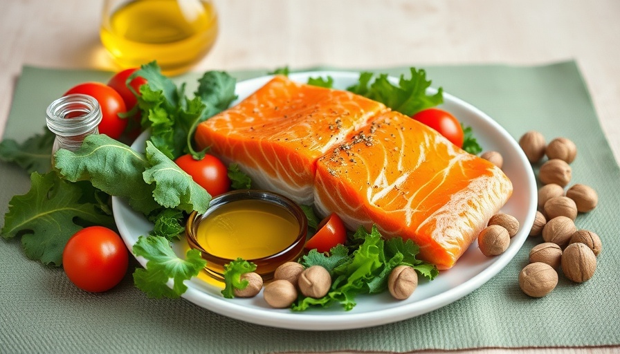Mediterranean diet foods: salmon, nuts, kale, reducing dementia risk.