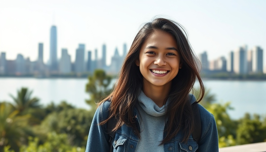 Smiling teen outdoors with city skyline, Teen Mental Health Tips