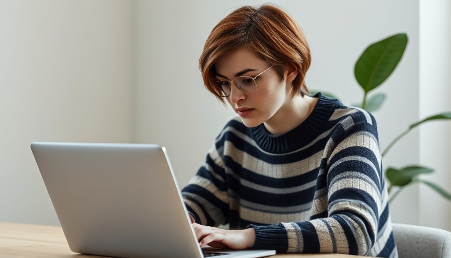 Woman working on laptop promoting mind body spirit balance.