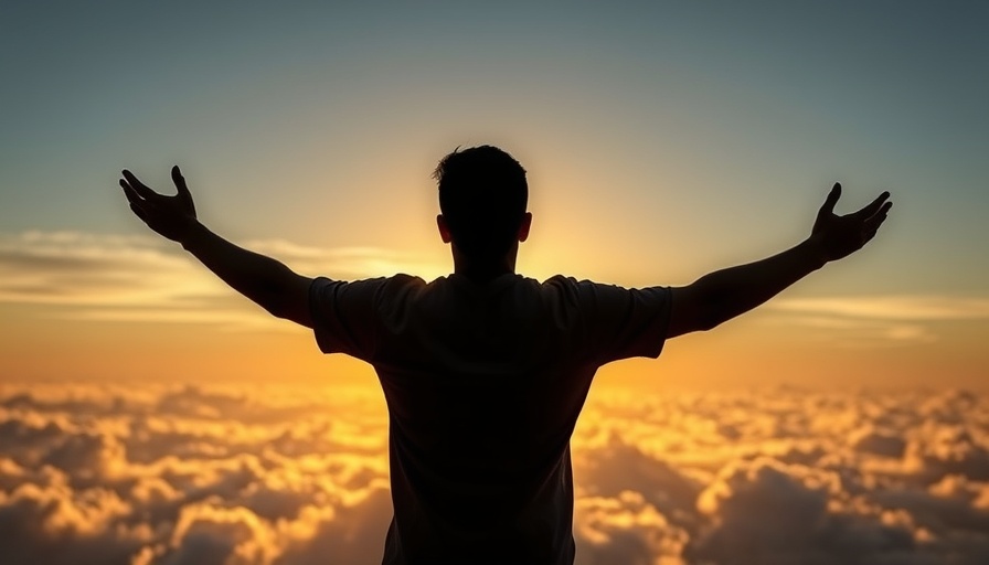 Triumphant person embracing sunrise over clouds, symbolizing empowerment.