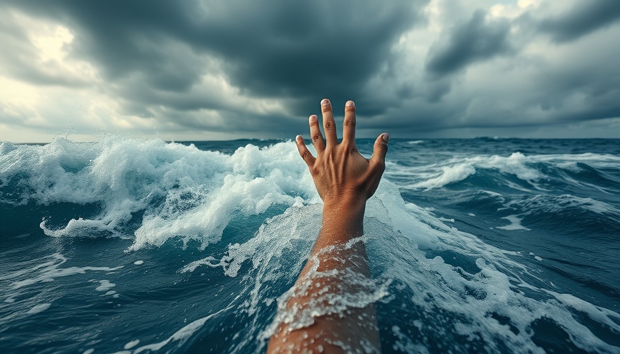 Dramatic ocean waves with hand reaching out, symbolizing overcoming overwhelm strategies.
