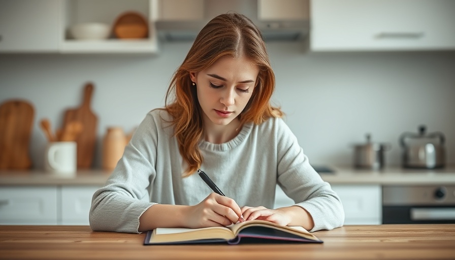 Thoughtful woman writing in kitchen, Motherhood Spectrum Questions concept.