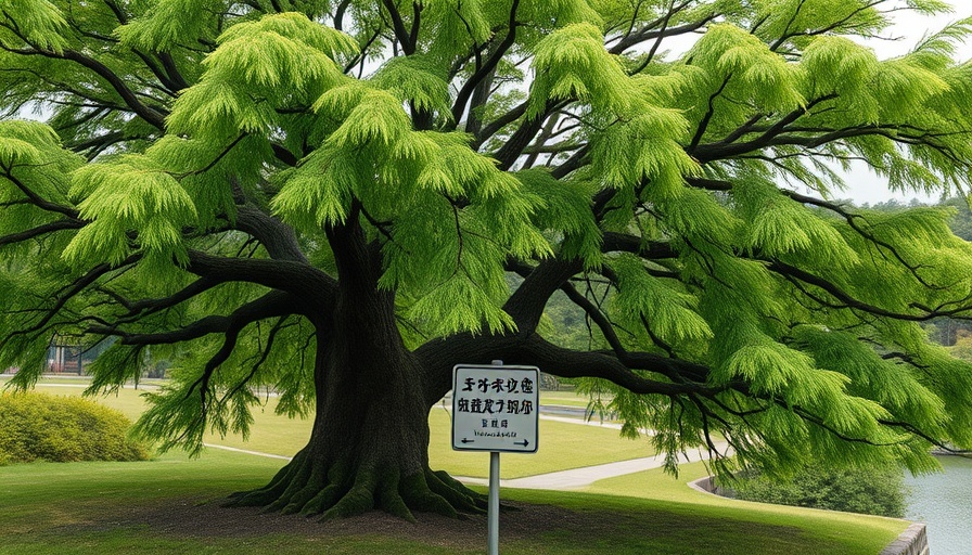 Lush Hibakujumoku tree in Hiroshima park setting.