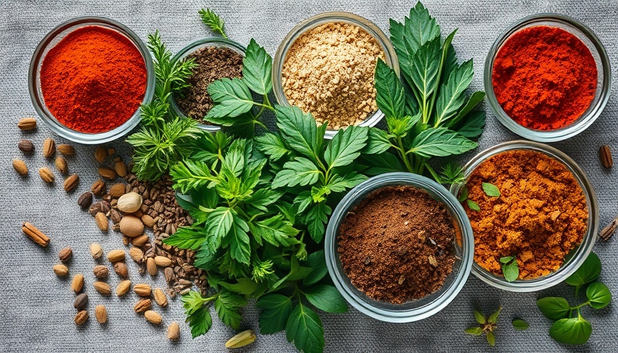 Colorful display of healthy herbs and spices, gray fabric background.