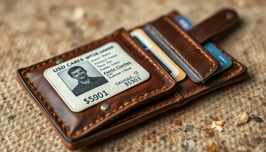 Worn wallet with ID and cards, close-up rugged detail.