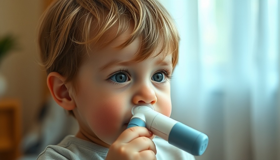 Young child using 2-in-1 inhaler to reduce asthma attacks indoors.