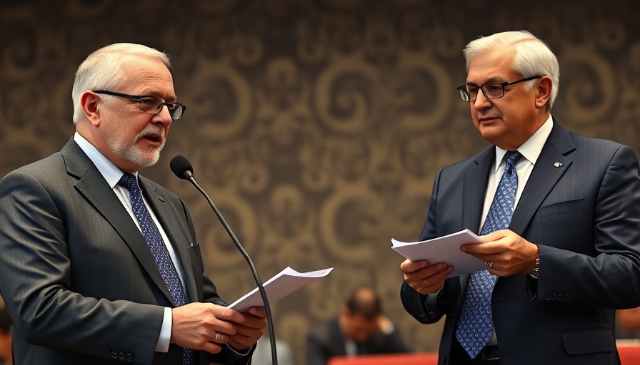 Two older men discussing financial planning on a conference stage.